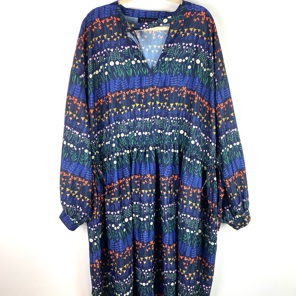 Eloquii Blue Patterned V-Neck Long Sleeve Dress